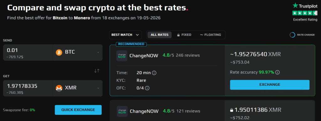 SwapZone Monero to Bitcoin exchange