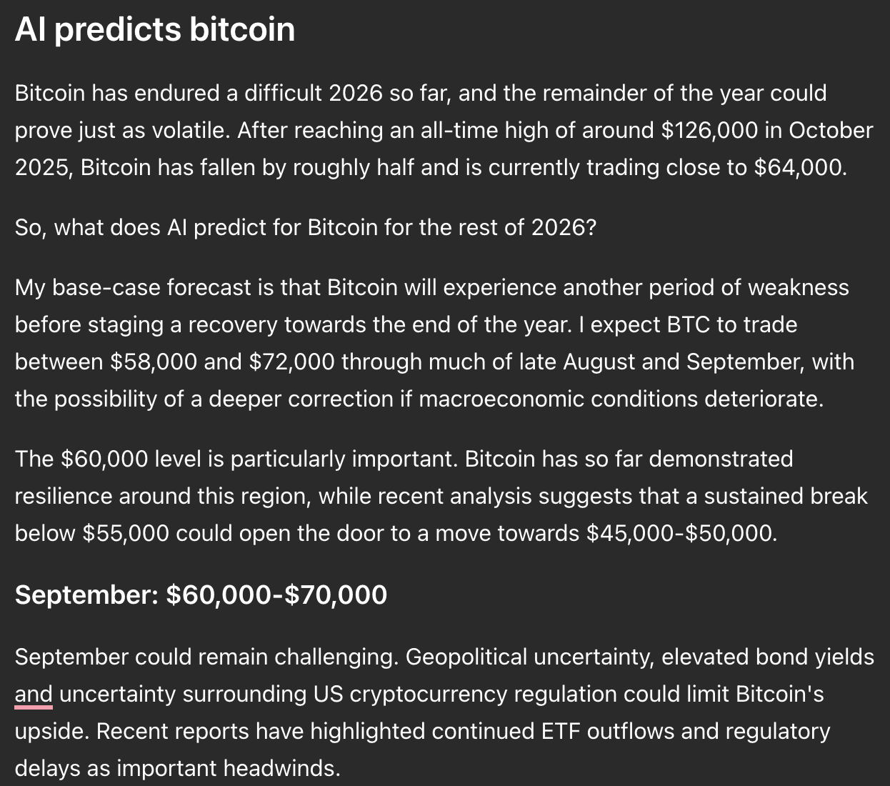 ChatGPT AI predicts Bitcoin will finish the year trading back at six-figures, which could mean a +40% gain from current prices if it happens