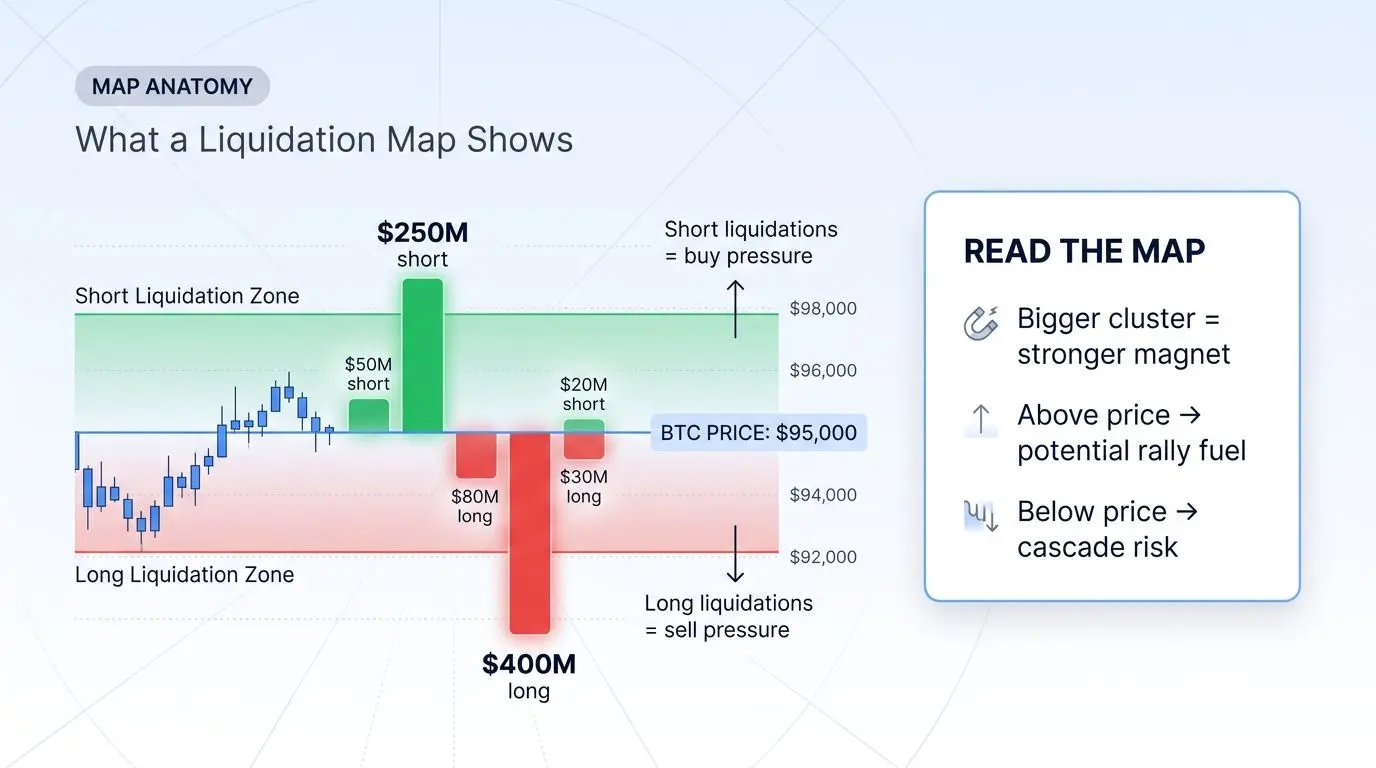 Educational infographic of a crypto liquidation map showing long and short liquidation zones for BTC