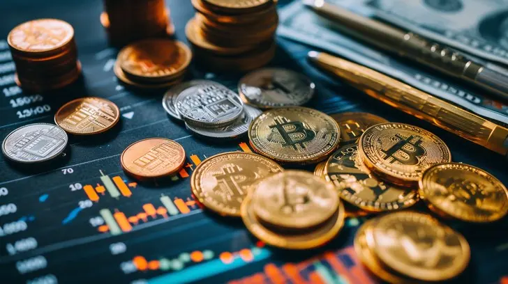 Physical gold and silver cryptocurrency coins and US dollar bills on top of a financial stock market chart