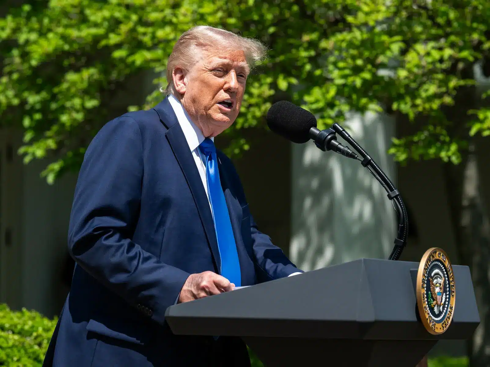 Donald Trump speaking from a podium with the Presidential Seal outdoors