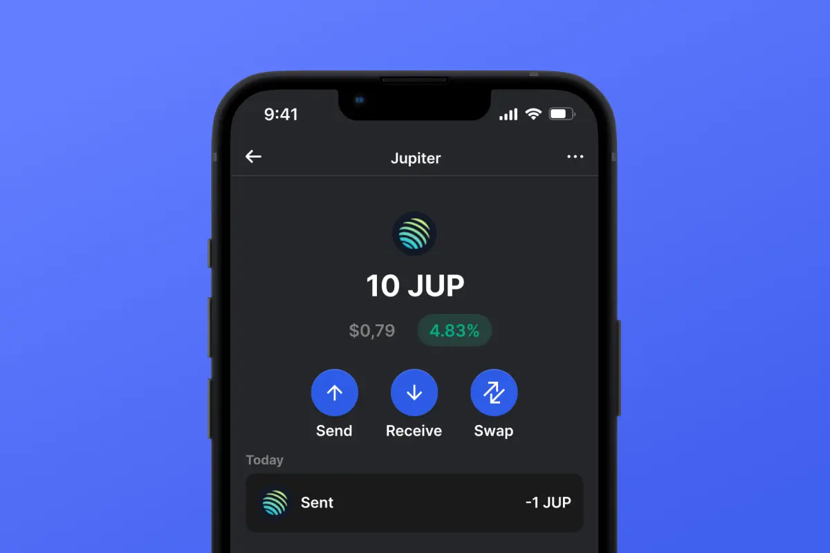 Smartphone displaying the Jupiter crypto exchange interface showing a balance of 10 JUP tokens.