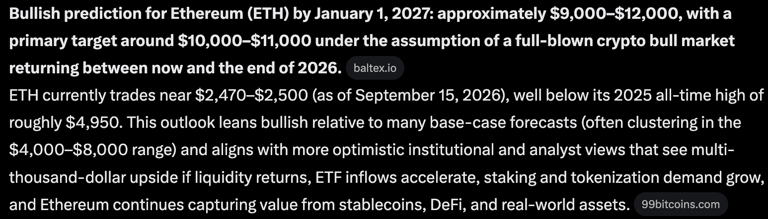 Ethereum price prediction: Grok AI predicts that if the bull market conditions align, ETH could hit $12K, a 5x increase from current levels