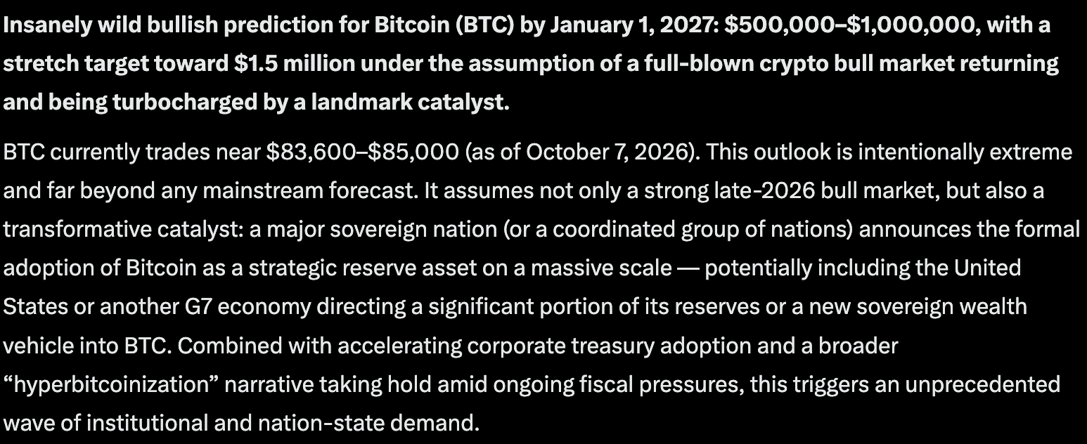 In the event that the G7 or USA starts using Bitcoin as part of a sovereign wealth fund, Grok AI predicts that BTC USD could hit $1.5M by 2027